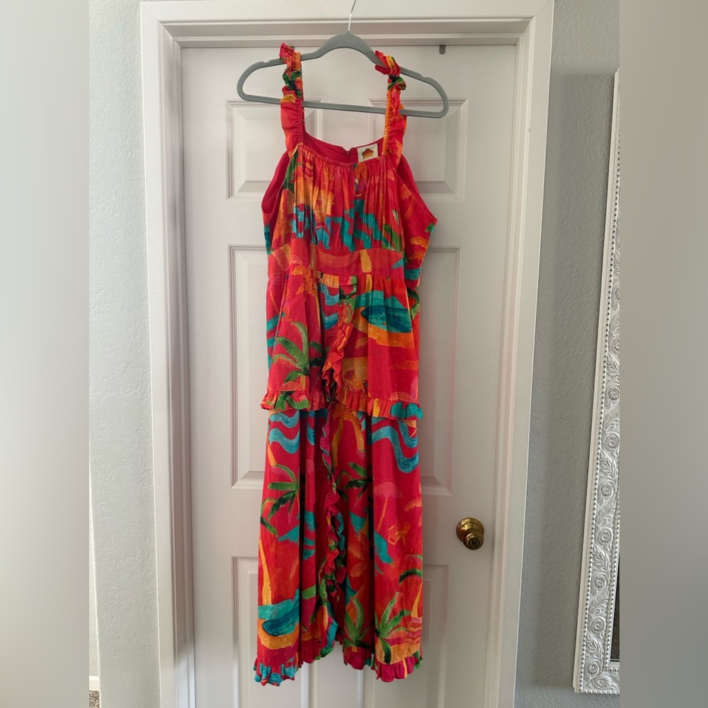 FARM Rio Red Tropical Print Maxi Dress with Teal & Yellow Accents
